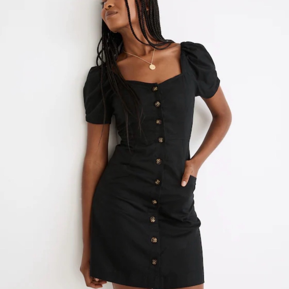Madewell Linen-Cotton Puff-Sleeve Mini Dress Black